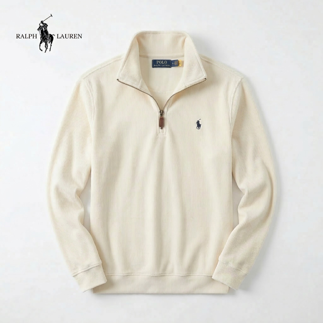 Jersey RL de algodón suave con cuello alto, cremallera y manga larga